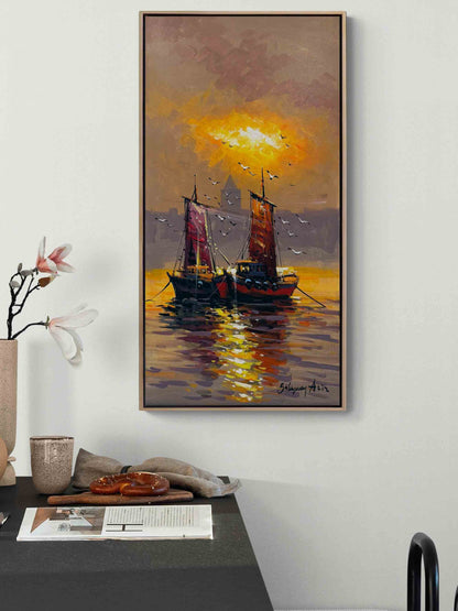 Kızıl Ufukta Tekneler Yağlı Boya Tablosu