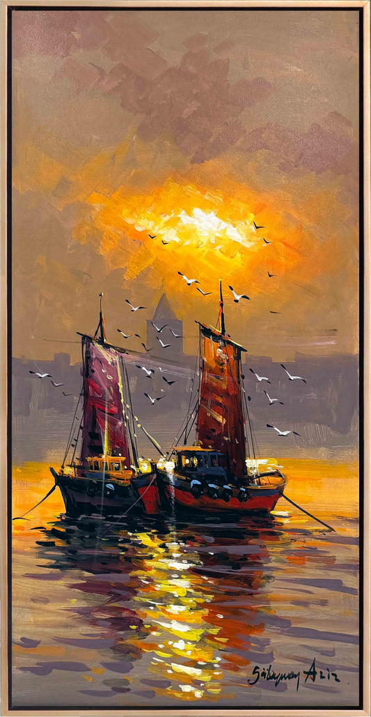 Kızıl Ufukta Tekneler Yağlı Boya Tablosu