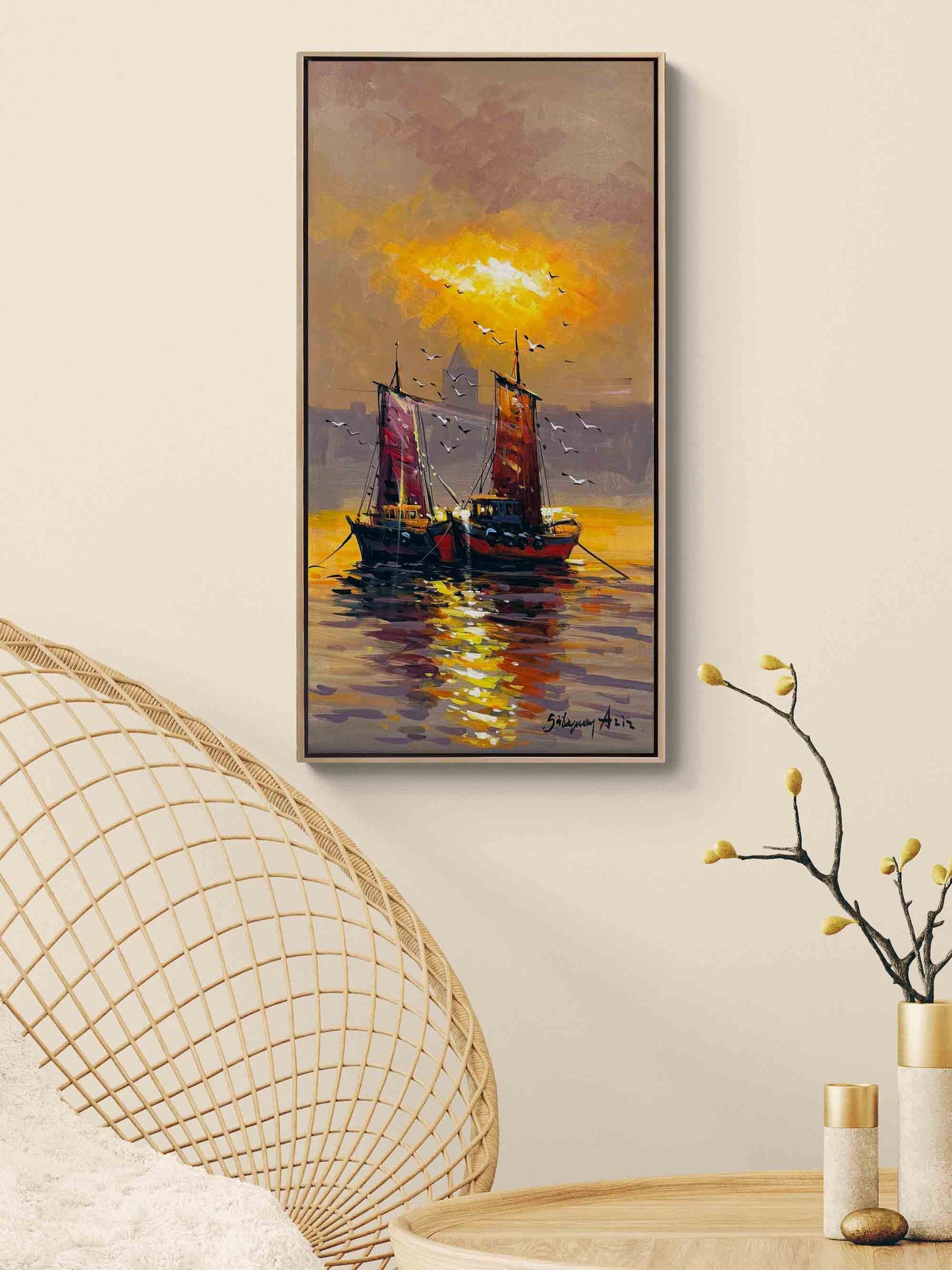 Kızıl Ufukta Tekneler Yağlı Boya Tablosu