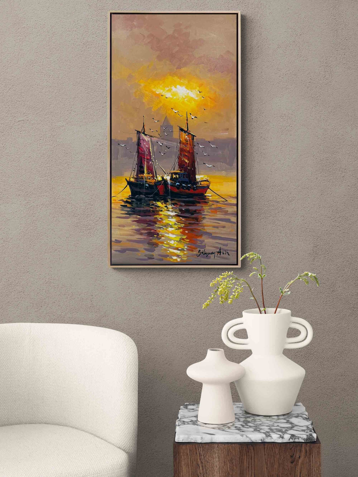 Kızıl Ufukta Tekneler Yağlı Boya Tablosu
