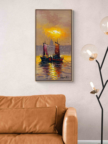 Kızıl Ufukta Tekneler Yağlı Boya Tablosu