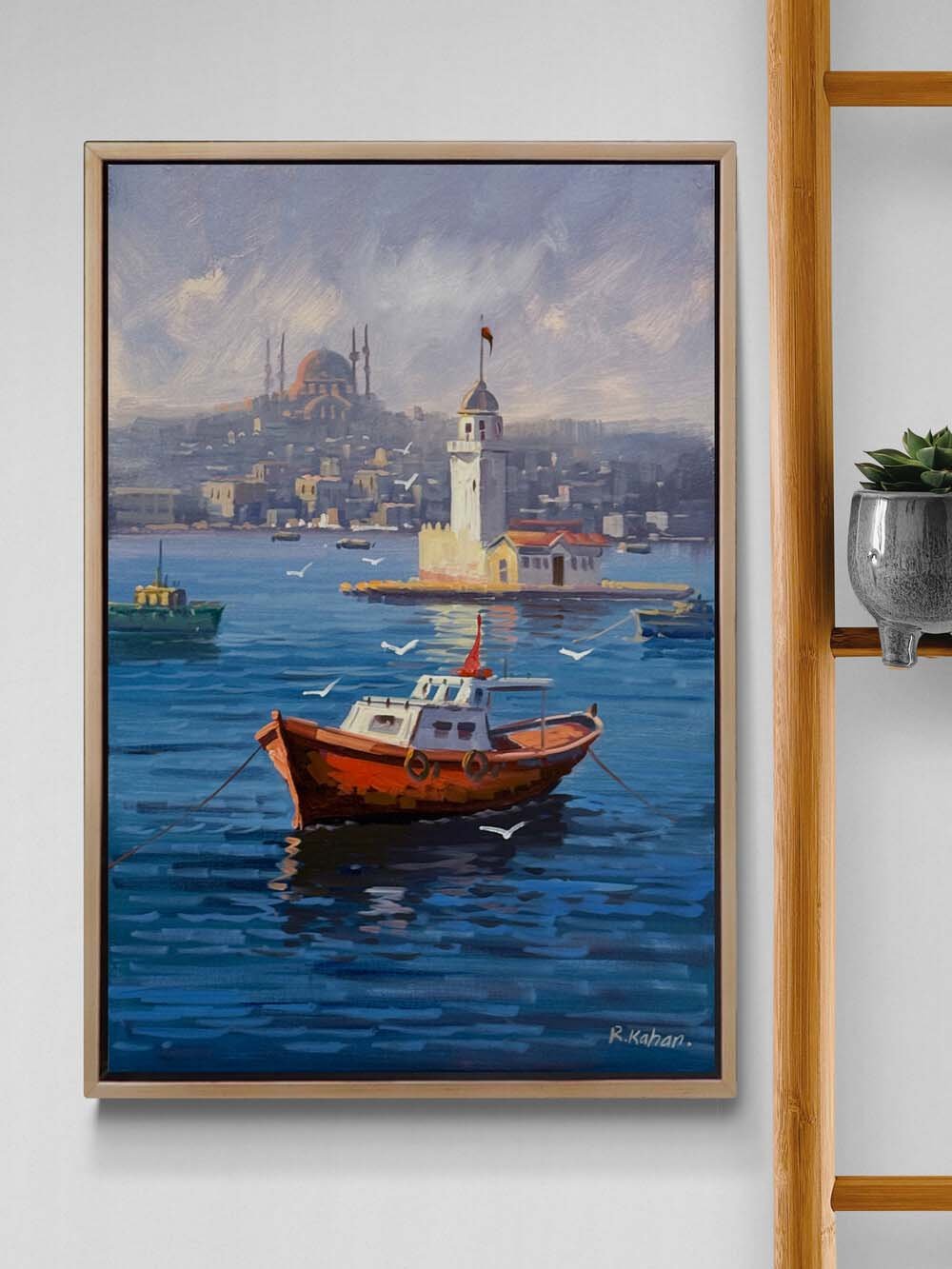 Maviyle Sarılan Kız Kulesi Yağlı Boya Tablosu