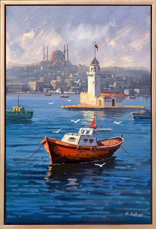 Maviyle Sarılan Kız Kulesi Yağlı Boya Tablosu