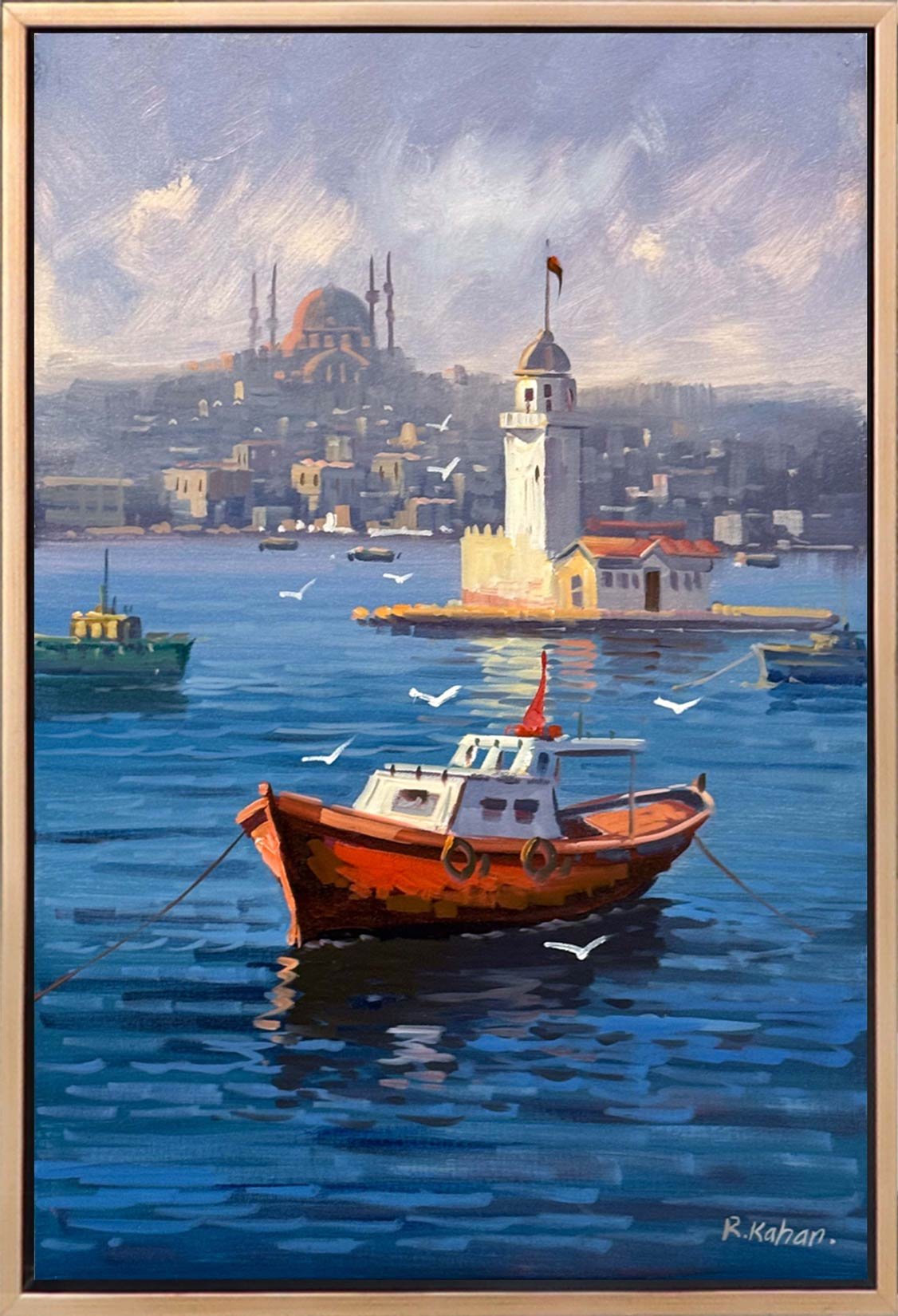 Maviyle Sarılan Kız Kulesi Yağlı Boya Tablosu