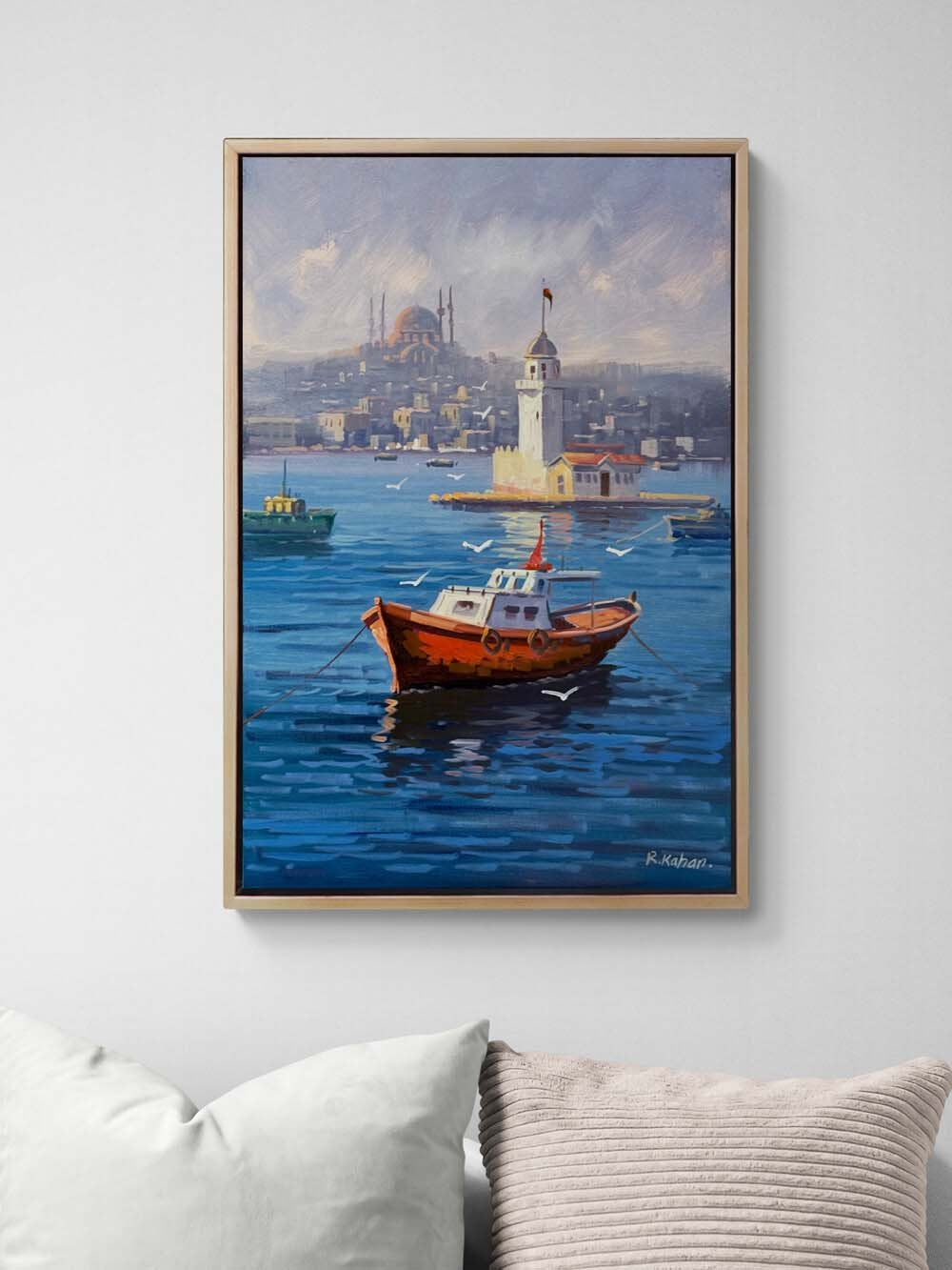 Maviyle Sarılan Kız Kulesi Yağlı Boya Tablosu