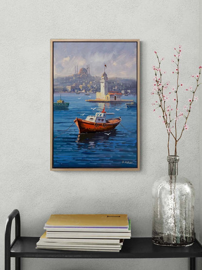 Maviyle Sarılan Kız Kulesi Yağlı Boya Tablosu