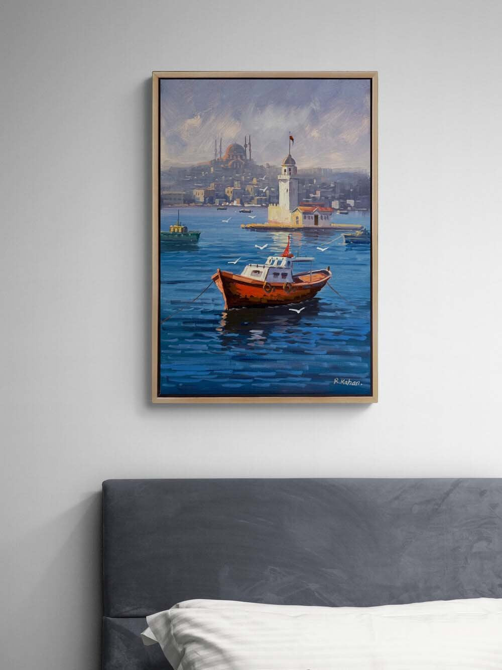 Maviyle Sarılan Kız Kulesi Yağlı Boya Tablosu