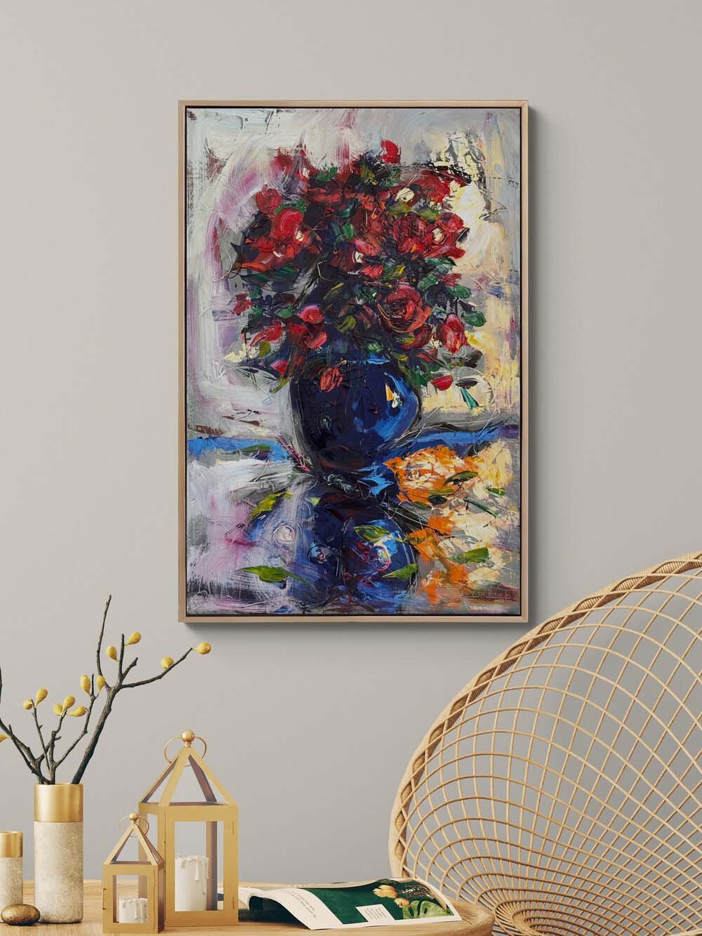 Yansıyan Kırmızı Çiçekler Yağlı Boya Tablosu