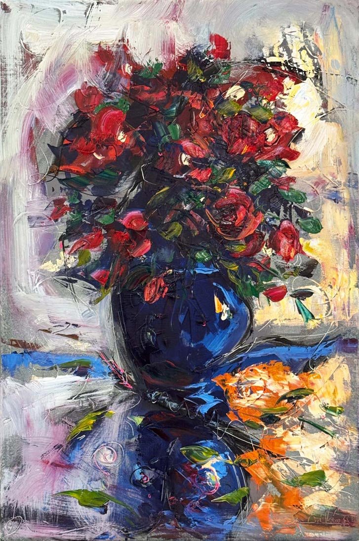 Yansıyan Kırmızı Çiçekler Yağlı Boya Tablosu