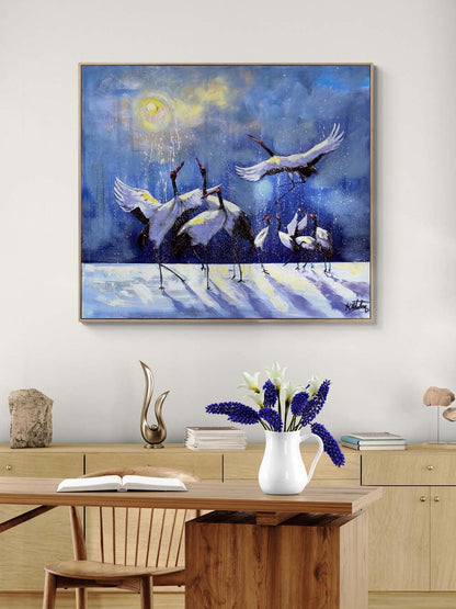 Kış Manzarasında Turnalar Yağlı Boya Tablosu