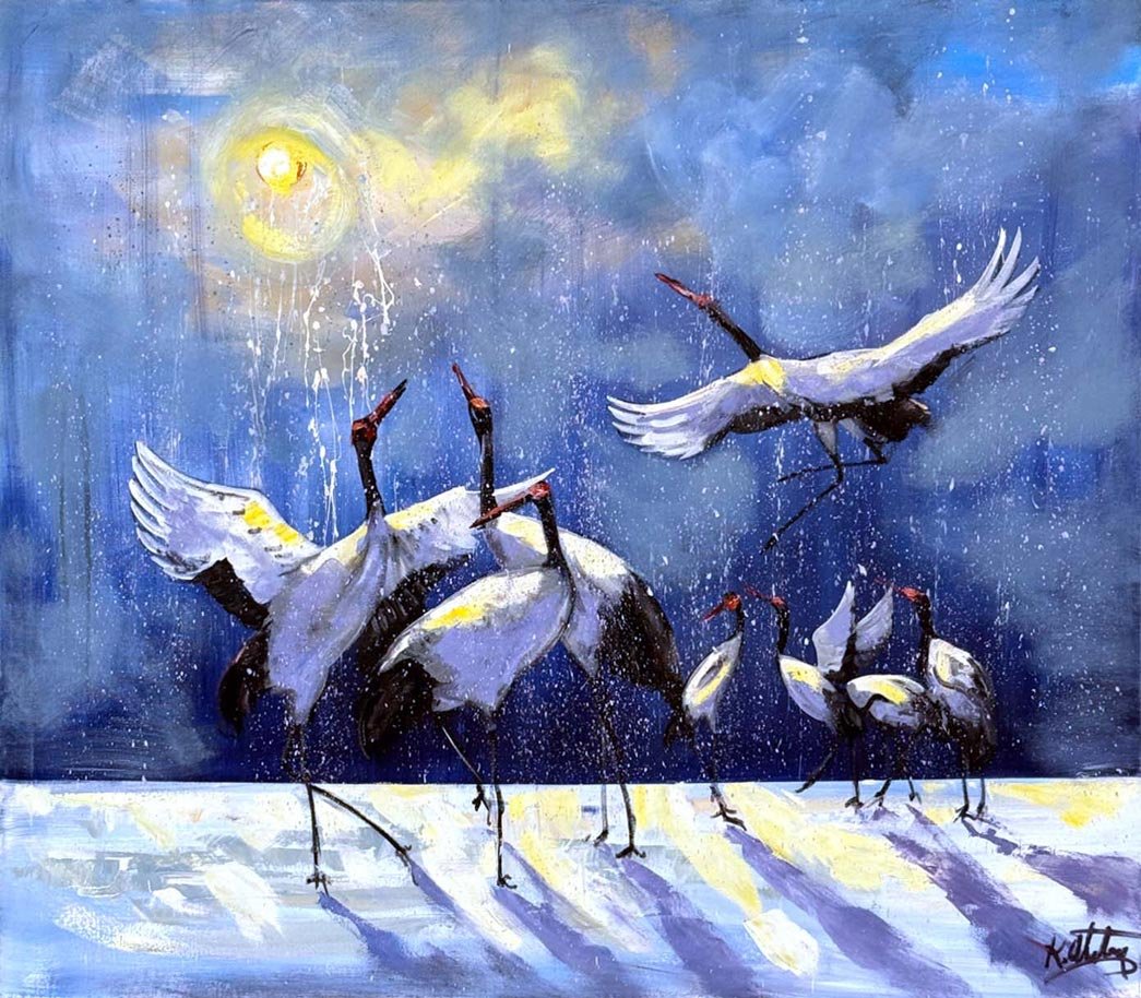 Kış Manzarasında Turnalar Yağlı Boya Tablosu