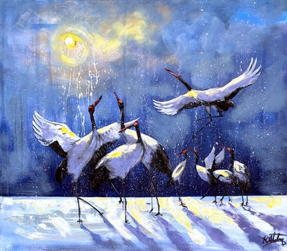 Kış Manzarasında Turnalar Yağlı Boya Tablosu