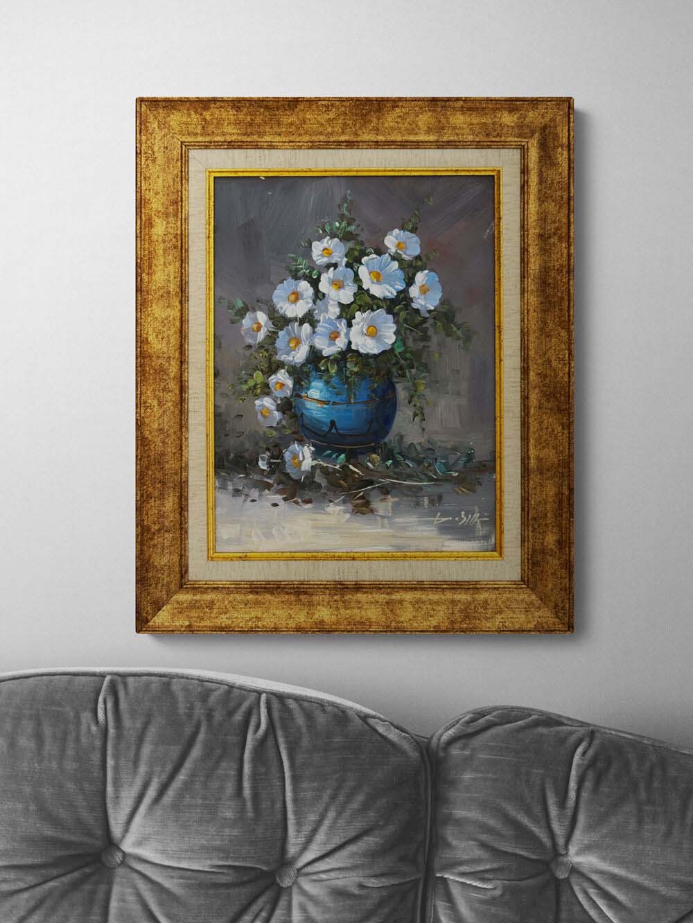 Mavi Vazoda Beyaz Düşler Yağlı Boya Tablosu