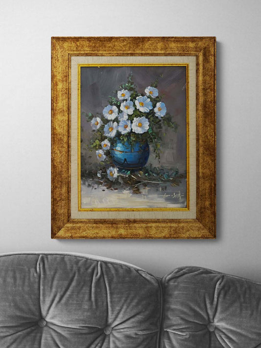 Mavi Vazoda Beyaz Düşler Yağlı Boya Tablosu