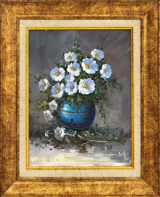 Mavi Vazoda Beyaz Düşler Yağlı Boya Tablosu