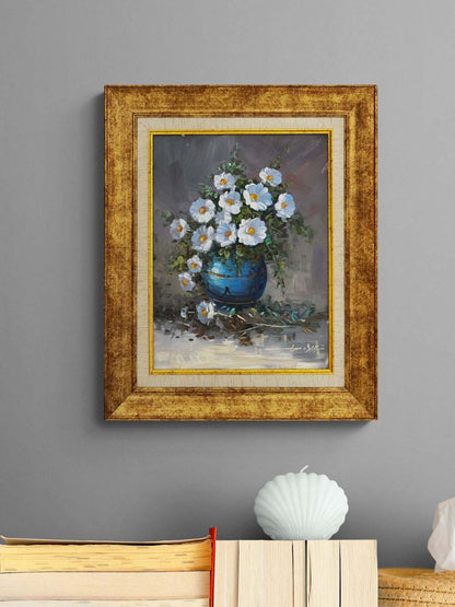 Mavi Vazoda Beyaz Düşler Yağlı Boya Tablosu