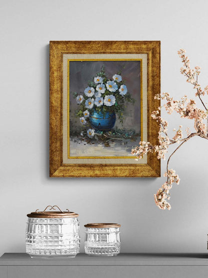 Mavi Vazoda Beyaz Düşler Yağlı Boya Tablosu