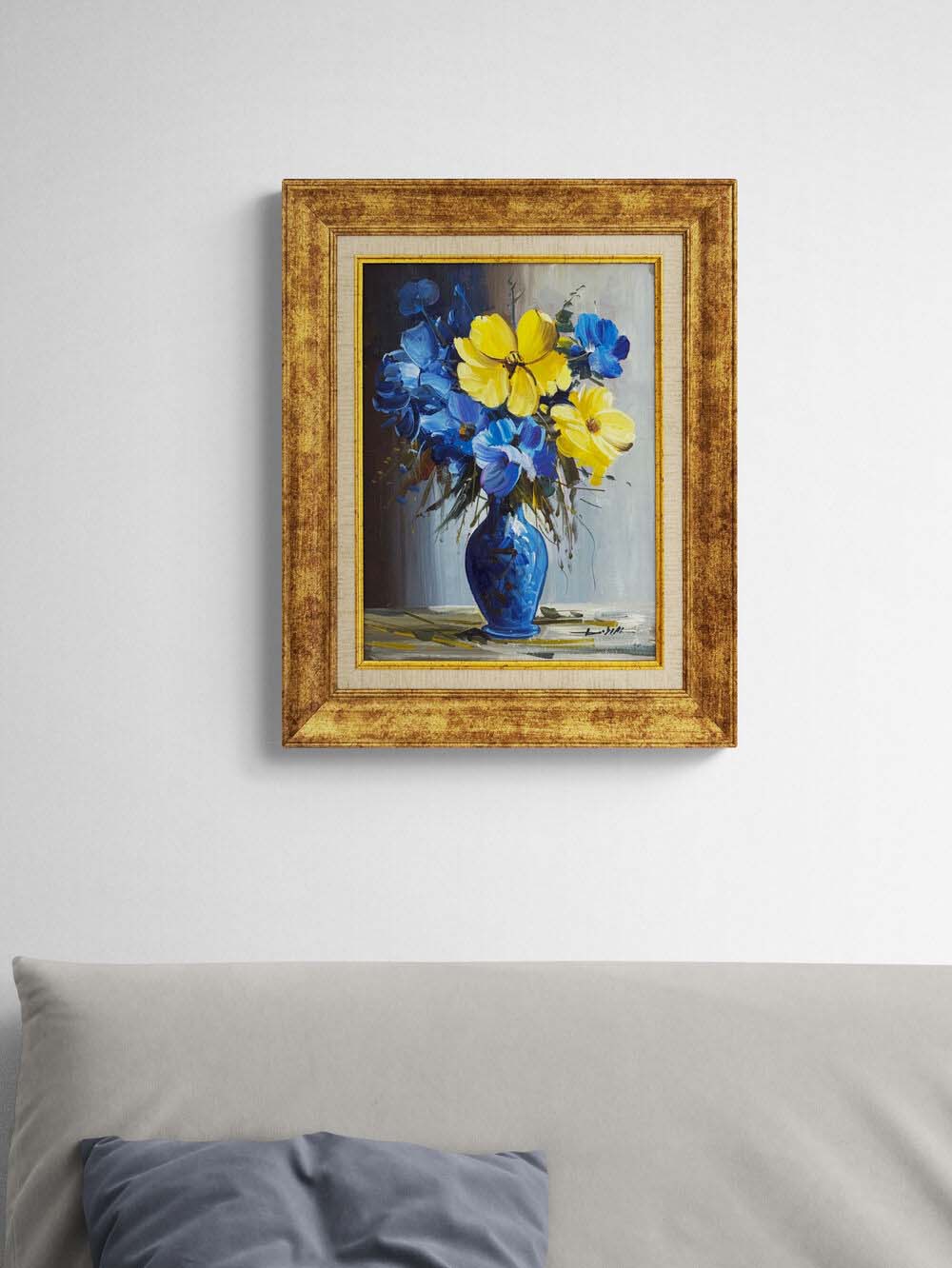 Vazoda Mavi Çiçekler Yağlı Boya Tablosu