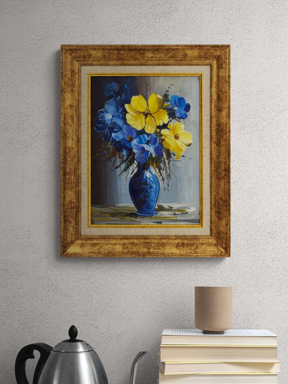 Vazoda Mavi Çiçekler Yağlı Boya Tablosu