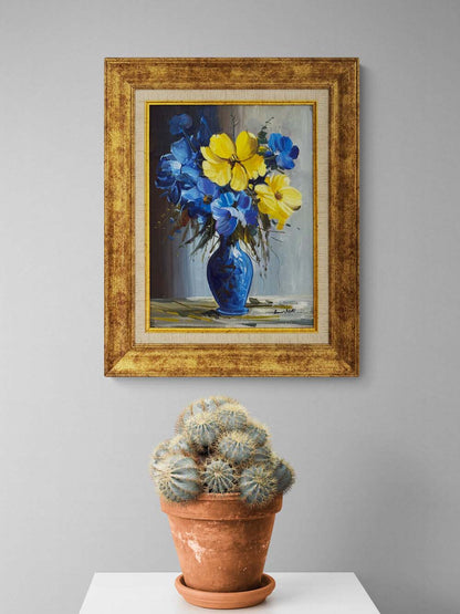 Vazoda Mavi Çiçekler Yağlı Boya Tablosu