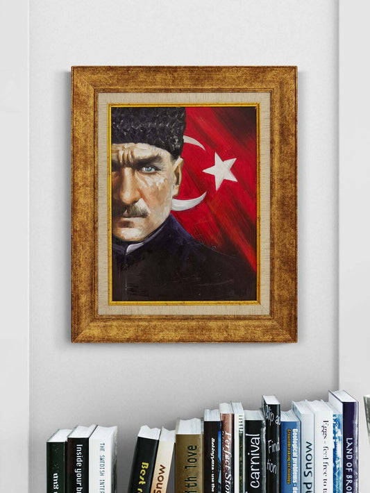 Türk Bayrağında Atatürk Yağlı Boya Tablosu