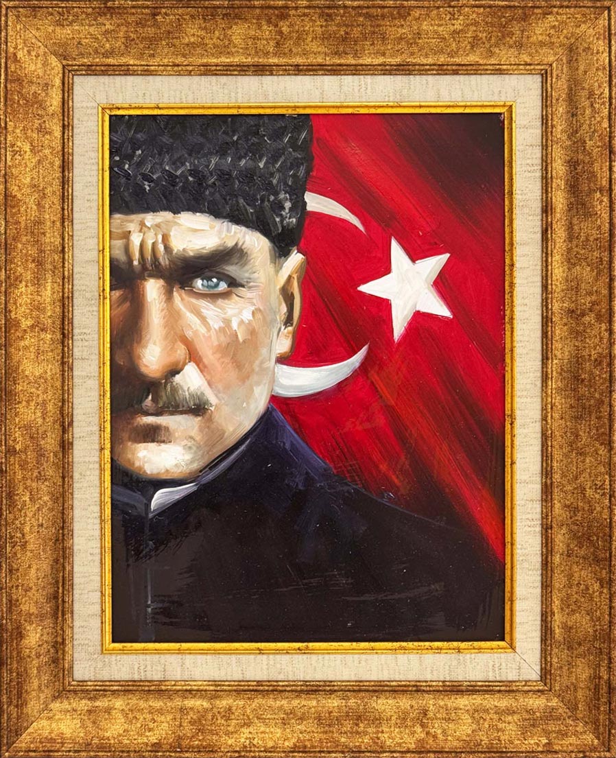 Türk Bayrağında Atatürk Yağlı Boya Tablosu