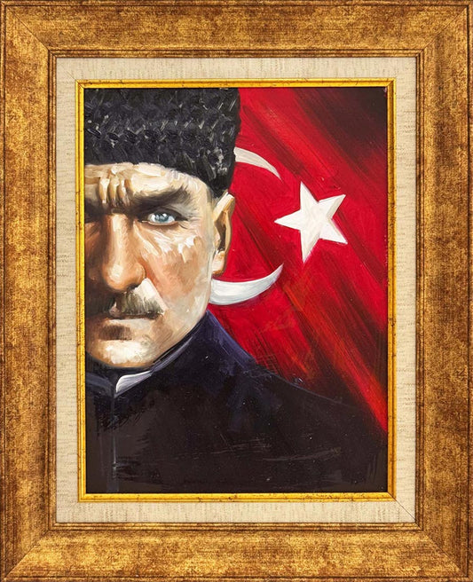 Türk Bayrağında Atatürk Yağlı Boya Tablosu