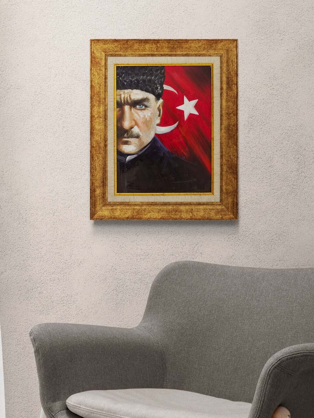 Türk Bayrağında Atatürk Yağlı Boya Tablosu