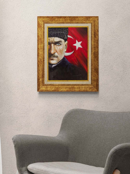 Türk Bayrağında Atatürk Yağlı Boya Tablosu