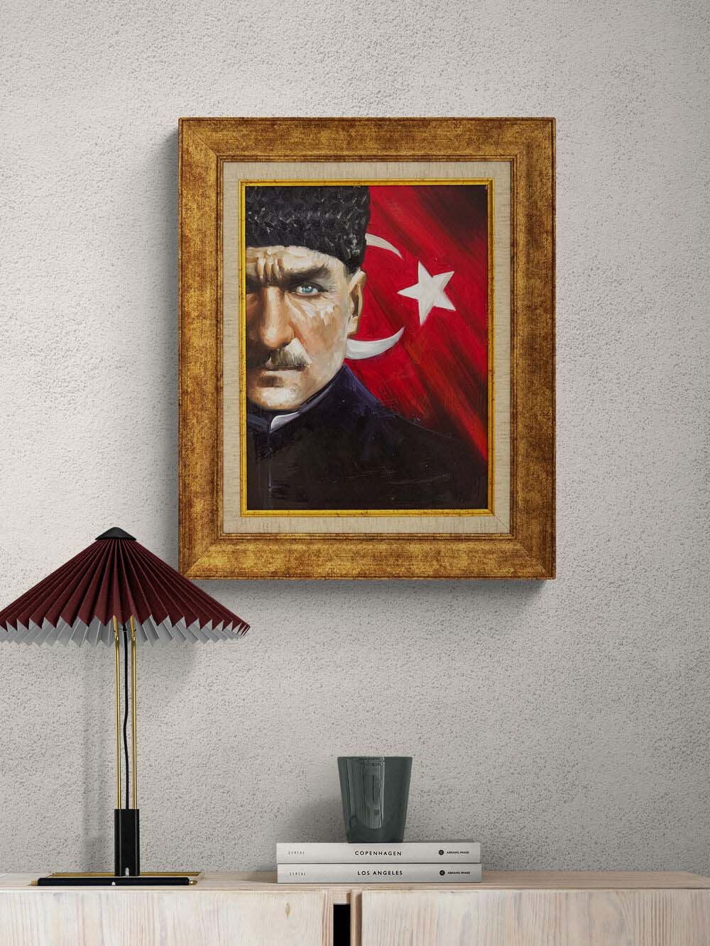 Türk Bayrağında Atatürk Yağlı Boya Tablosu