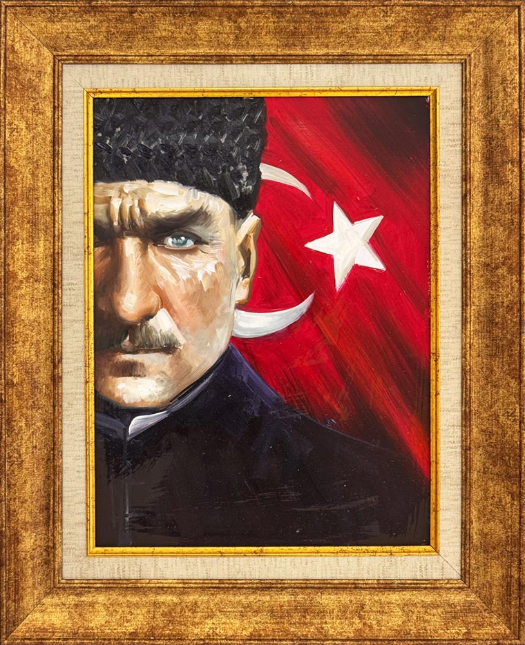 Türk Bayrağında Atatürk Yağlı Boya Tablosu