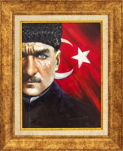 Türk Bayrağında Atatürk Yağlı Boya Tablosu