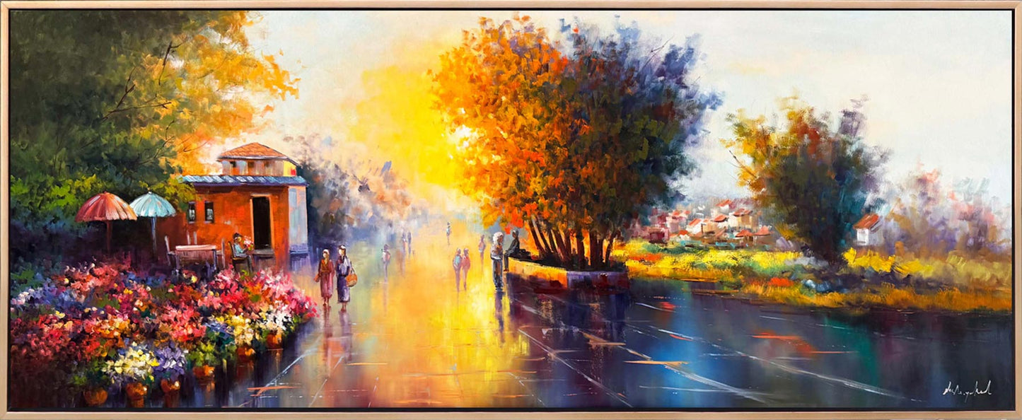 Şehirde Çiçek Pazarı Yağlı Boya Tablosu