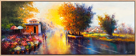 Şehirde Çiçek Pazarı Yağlı Boya Tablosu