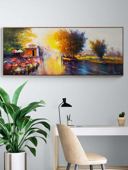 Şehirde Çiçek Pazarı Yağlı Boya Tablosu