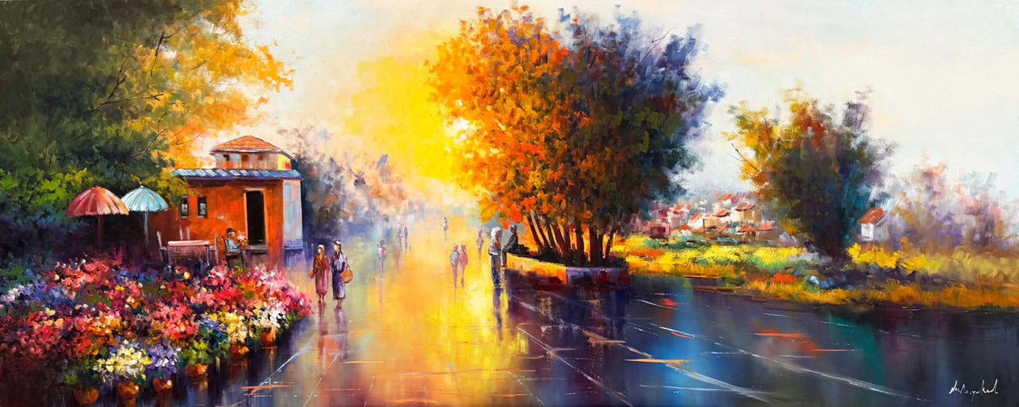 Şehirde Çiçek Pazarı Yağlı Boya Tablosu