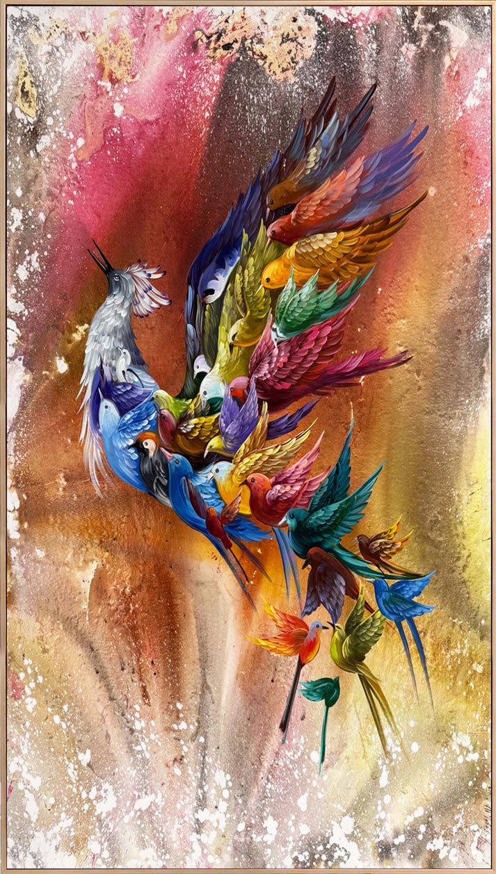 Renkli Simurg Kuşu Yağlı Boya Tablosu