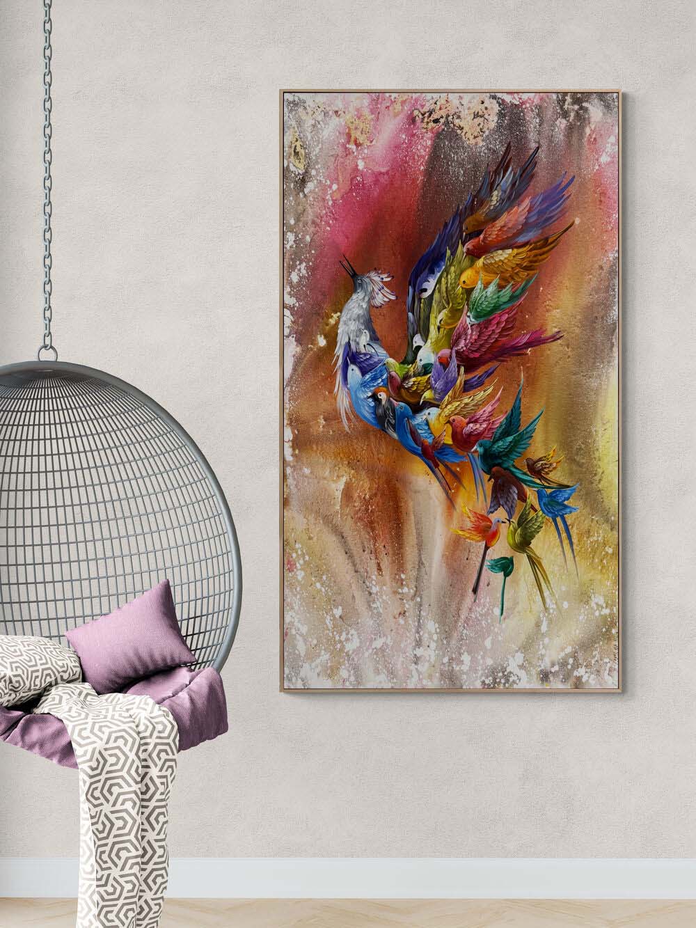 Renkli Simurg Kuşu Yağlı Boya Tablosu