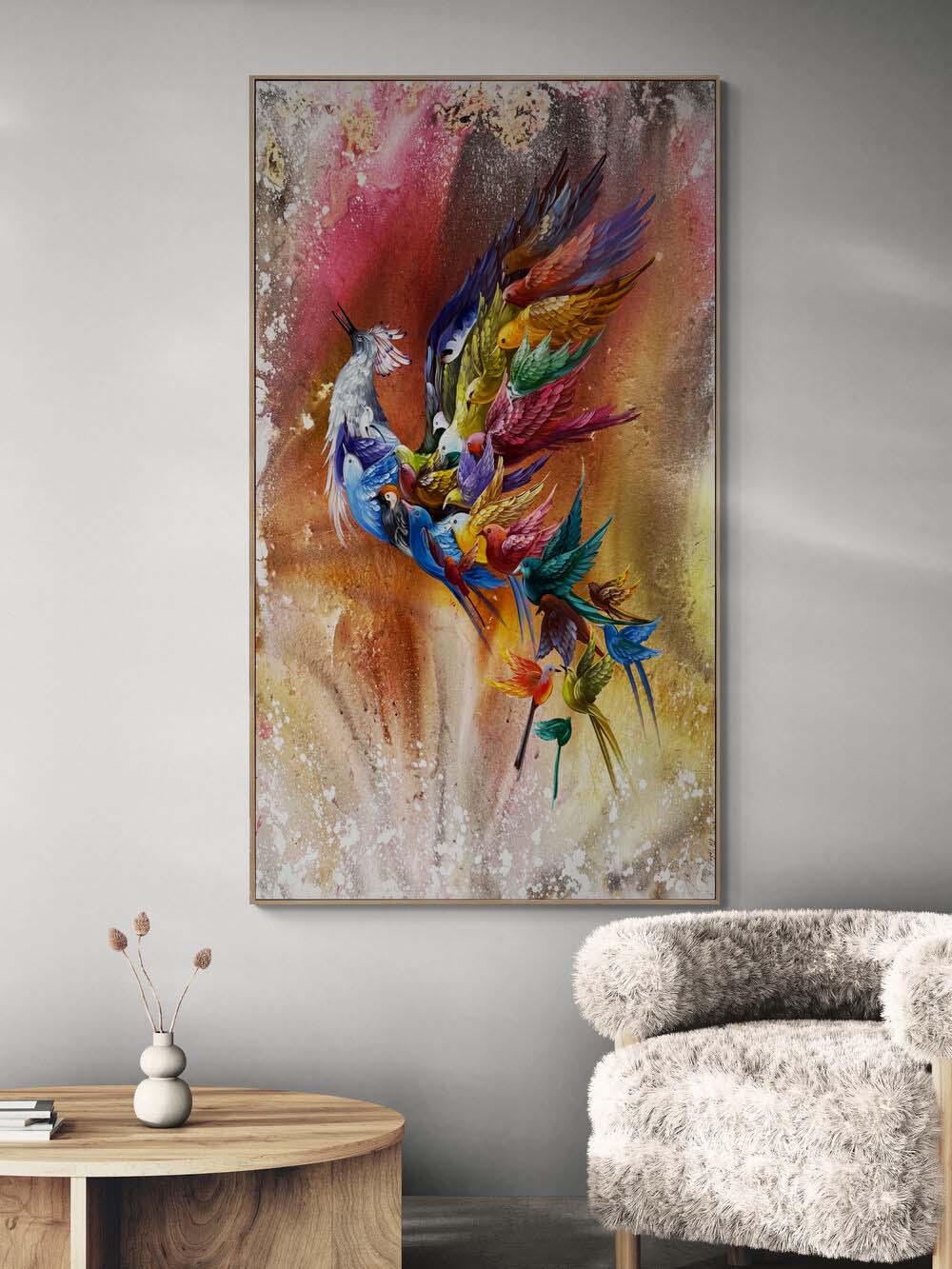 Renkli Simurg Kuşu Yağlı Boya Tablosu