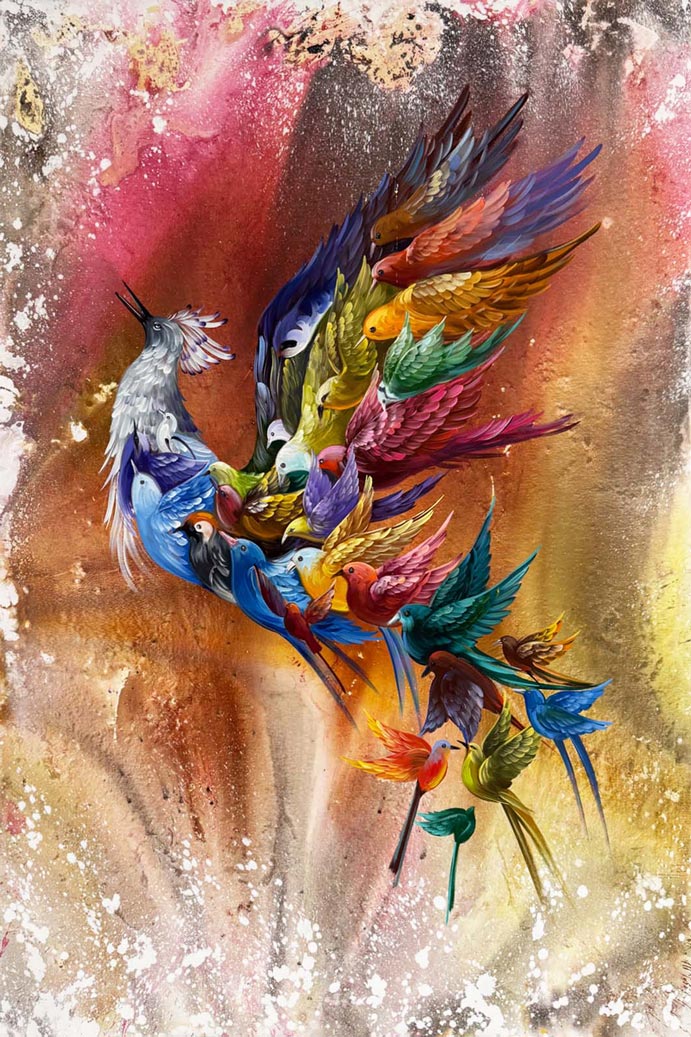 Renkli Simurg Kuşu Yağlı Boya Tablosu