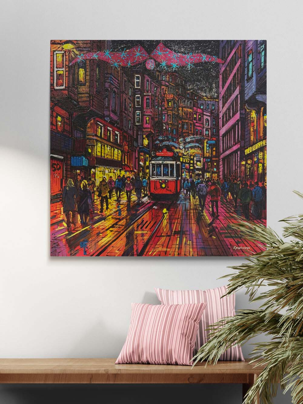 İstiklal'de Bir Gece Yağlı Boya Tablosu