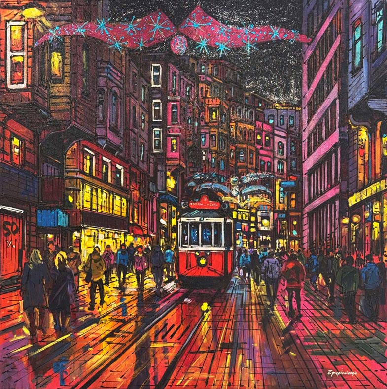 İstiklal'de Bir Gece Yağlı Boya Tablosu