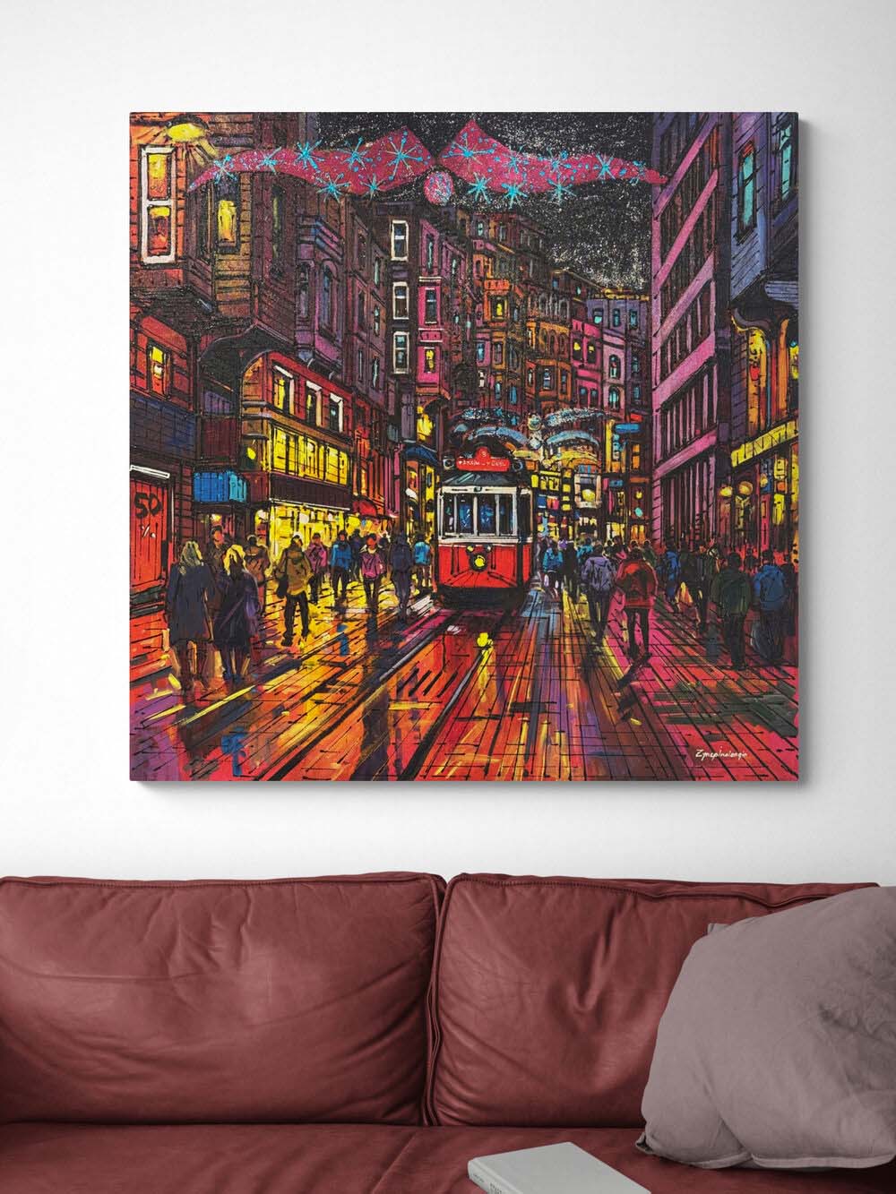 İstiklal'de Bir Gece Yağlı Boya Tablosu