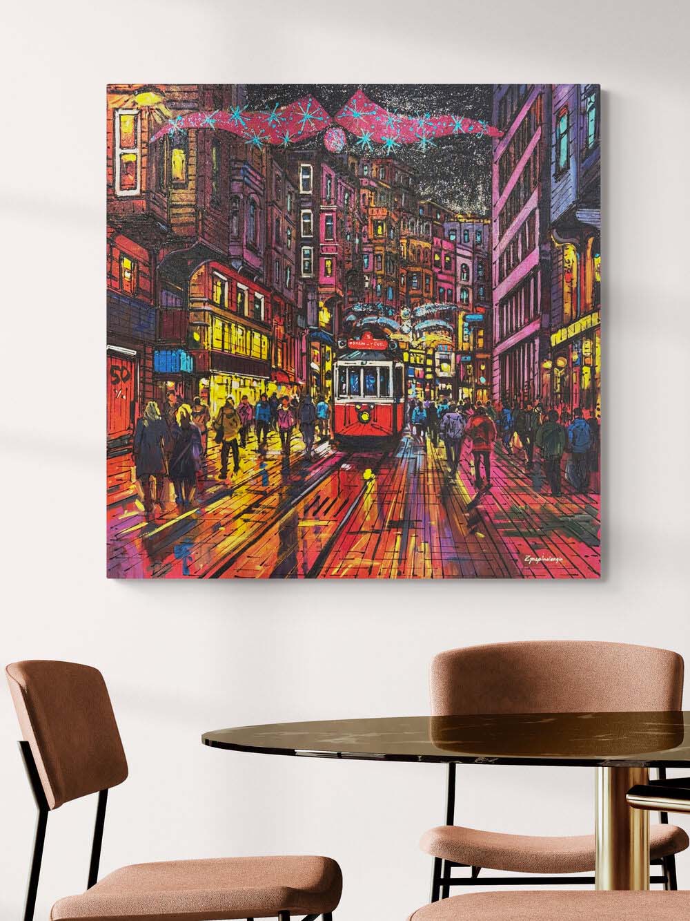 İstiklal'de Bir Gece Yağlı Boya Tablosu