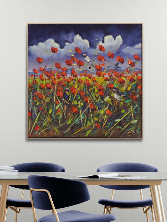 Gelincik Tarlasında Üç Kuş Yağlı Boya Tablosu