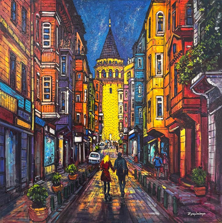 Galata Sokaklarında Yağlı Boya Tablosu Simurg Sanatevi
