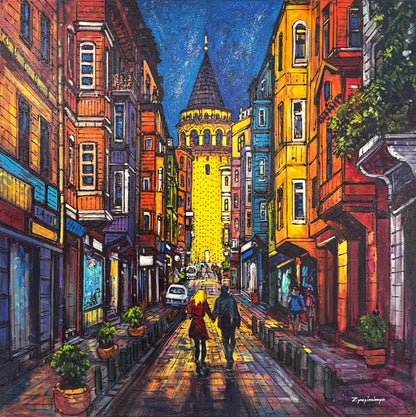 Galata Sokaklarında Yağlı Boya Tablosu Simurg Sanatevi