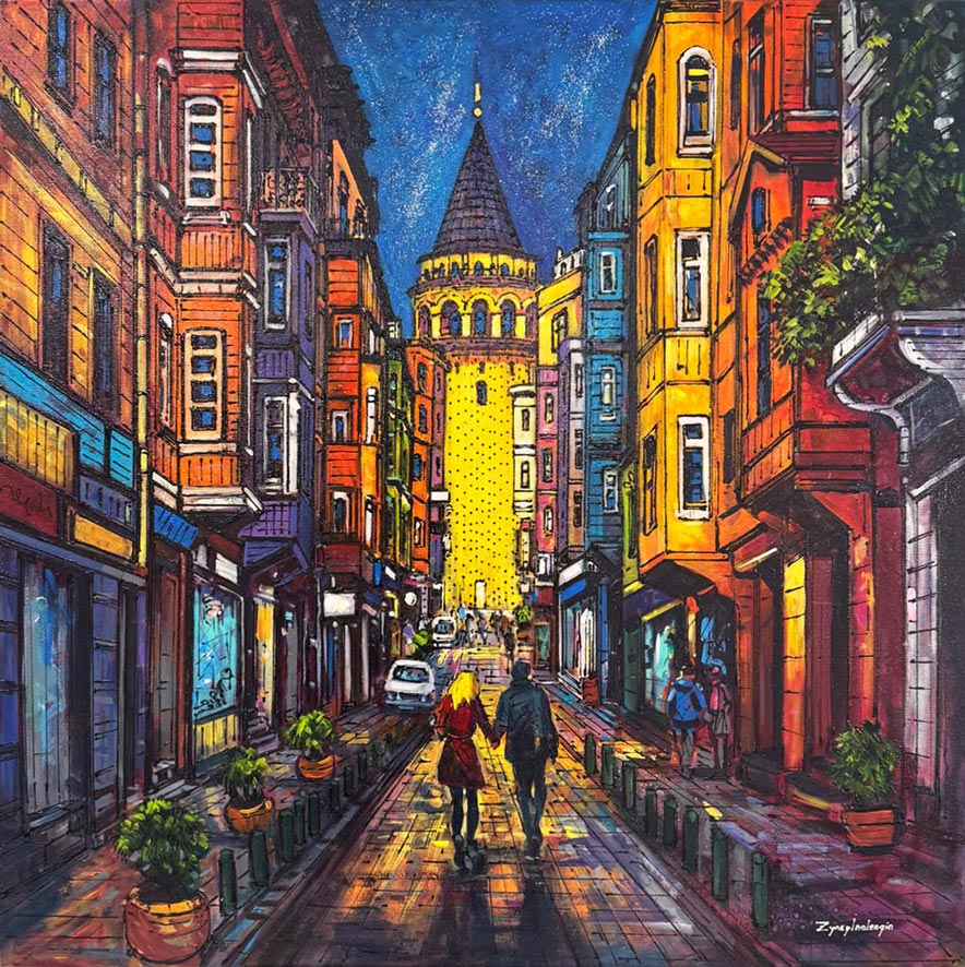Galata Sokaklarında Yağlı Boya Tablosu Simurg Sanatevi