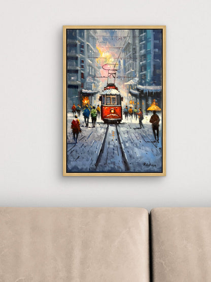 Karlı Tramvay Yağlı Boya Tablosu Simurg Sanatevi
