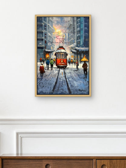 Karlı Tramvay Yağlı Boya Tablosu Simurg Sanatevi